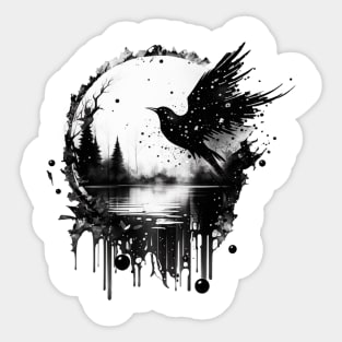 Monochrome Mystique: Ink Splatter Raven in Round Shadow Box Sticker